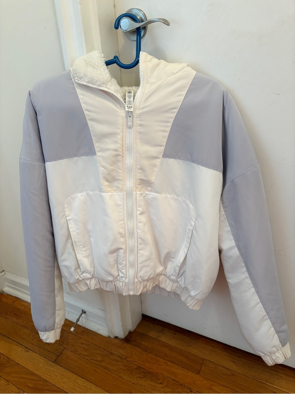 ALO Yoga Two-Tone Light Gray and Cream Zip Bomber Jacket